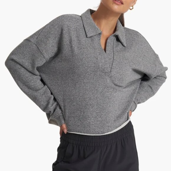 Vuori Sedona Polo Long Sleeve Fleece Sweatshirt Cropped Heather Grey Small - Picture 14 of 15